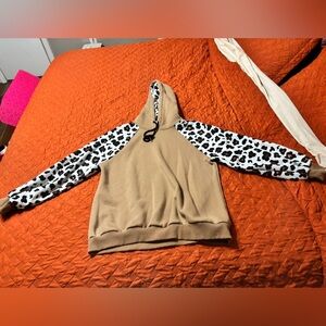 Leopard Print Sleeve Tan Hoodie